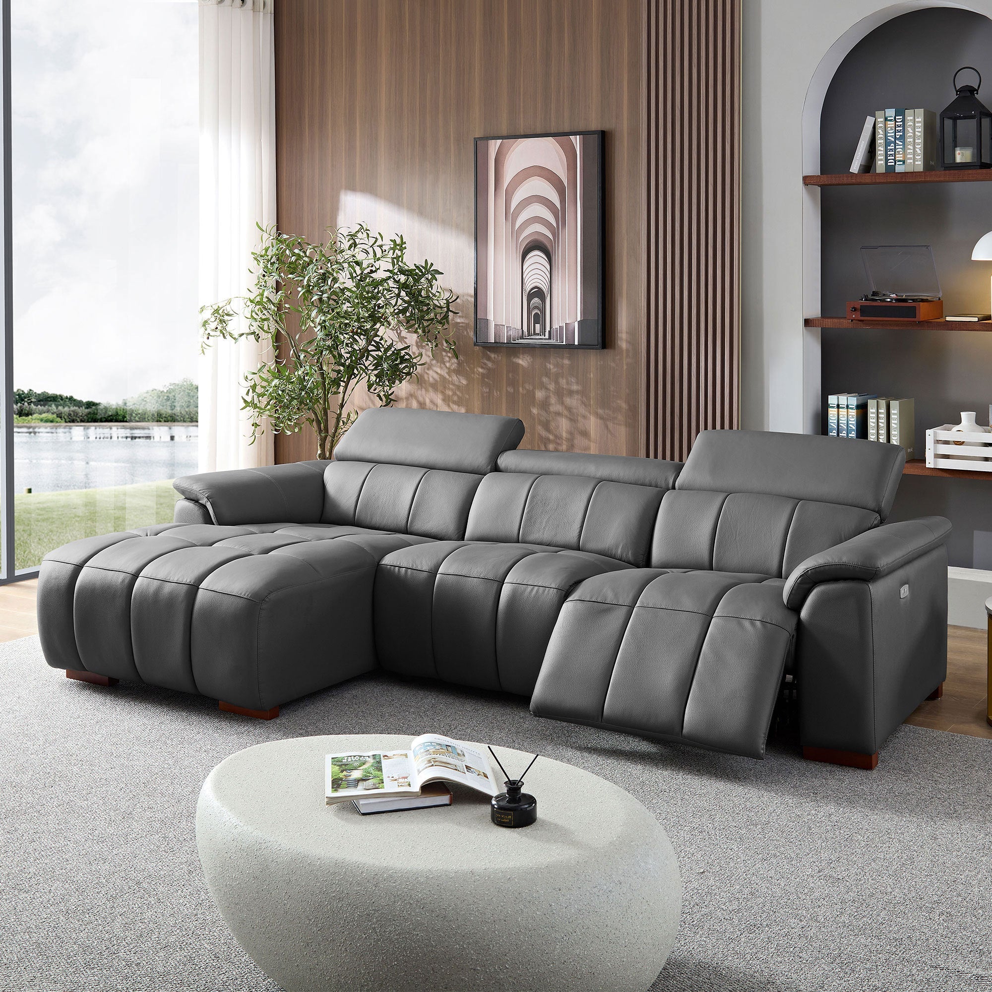 Genuine Leather Reclining Sectional Sofa - Dark Grey
