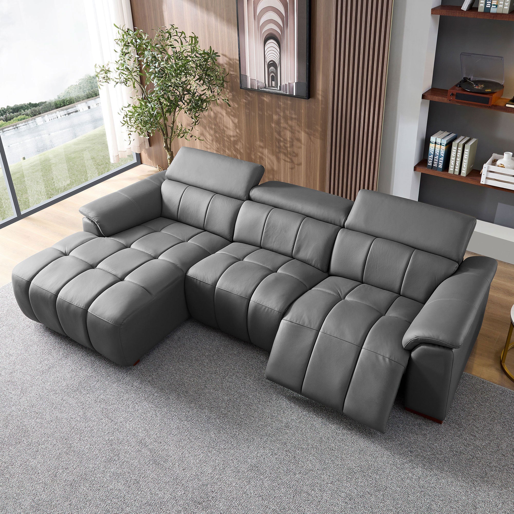 Genuine Leather Reclining Sectional Sofa - Dark Grey