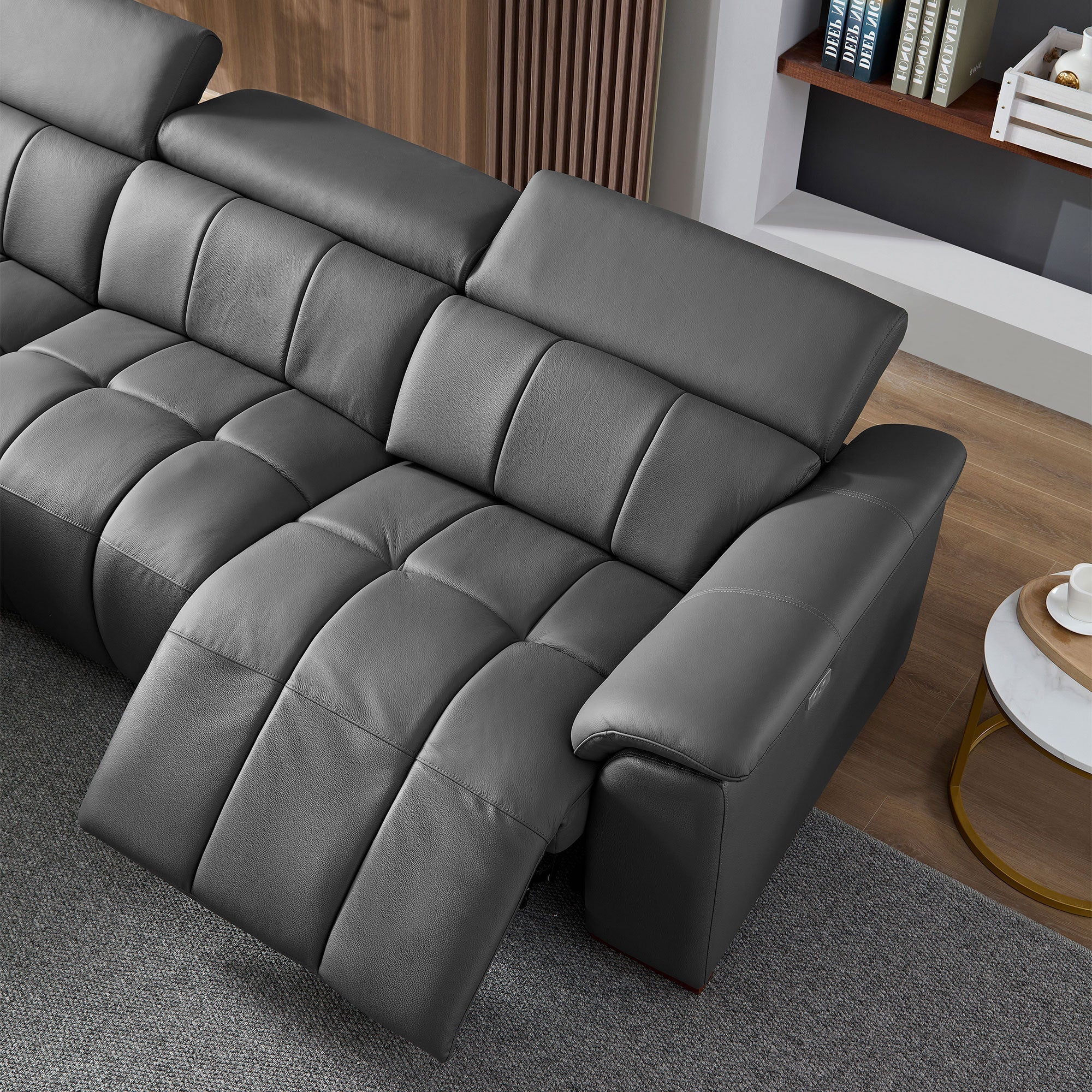Genuine Leather Reclining Sectional Sofa - Dark Grey
