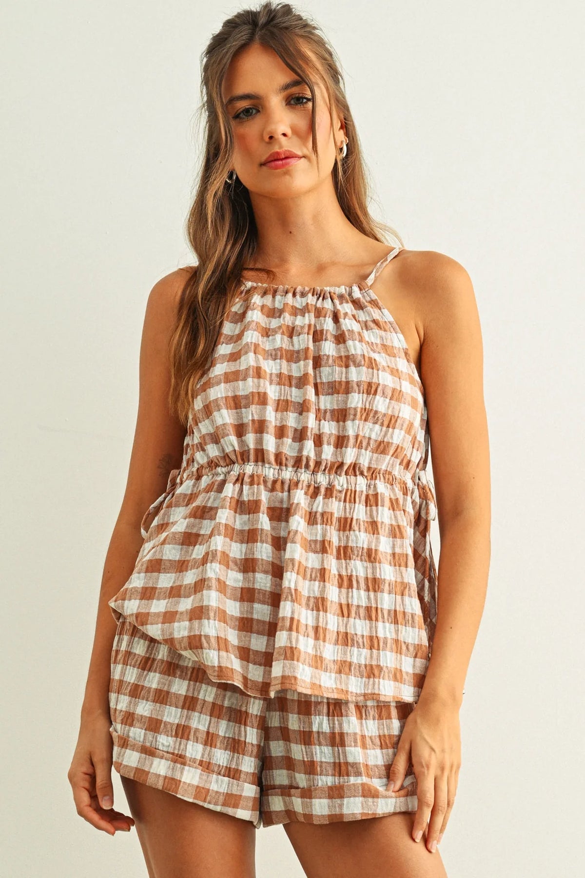 Gingham Fabric Shorts - Brown