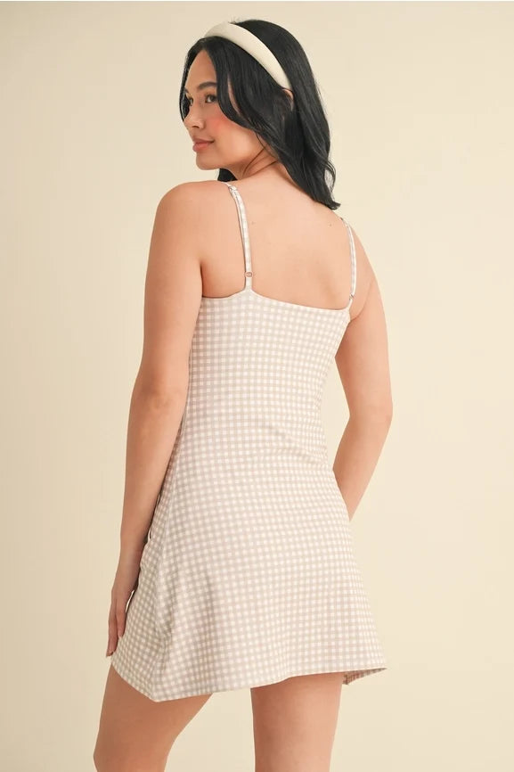 Gingham Print Sweetheart Dress - Beige Gingham