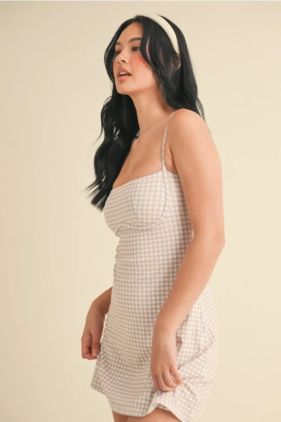 Gingham Print Sweetheart Dress - Beige Gingham