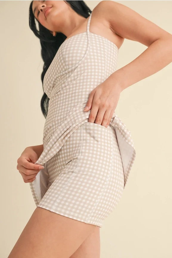 Gingham Print Sweetheart Dress - Beige Gingham