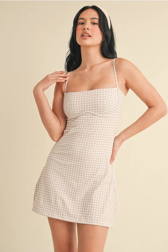 Gingham Print Sweetheart Dress - Beige Gingham