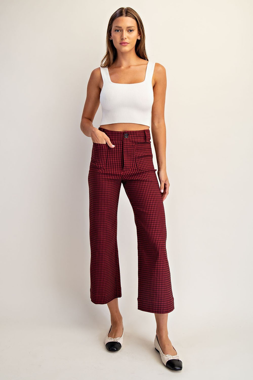 Gingham Straight Leg Cropped Pants in Cherry Red