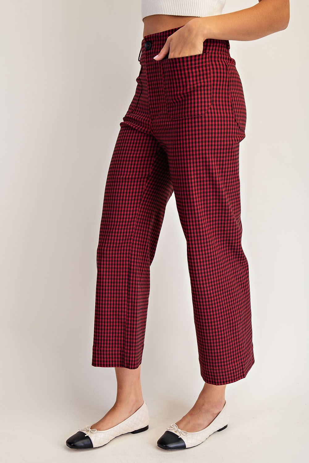 Gingham Straight Leg Cropped Pants in Cherry Red