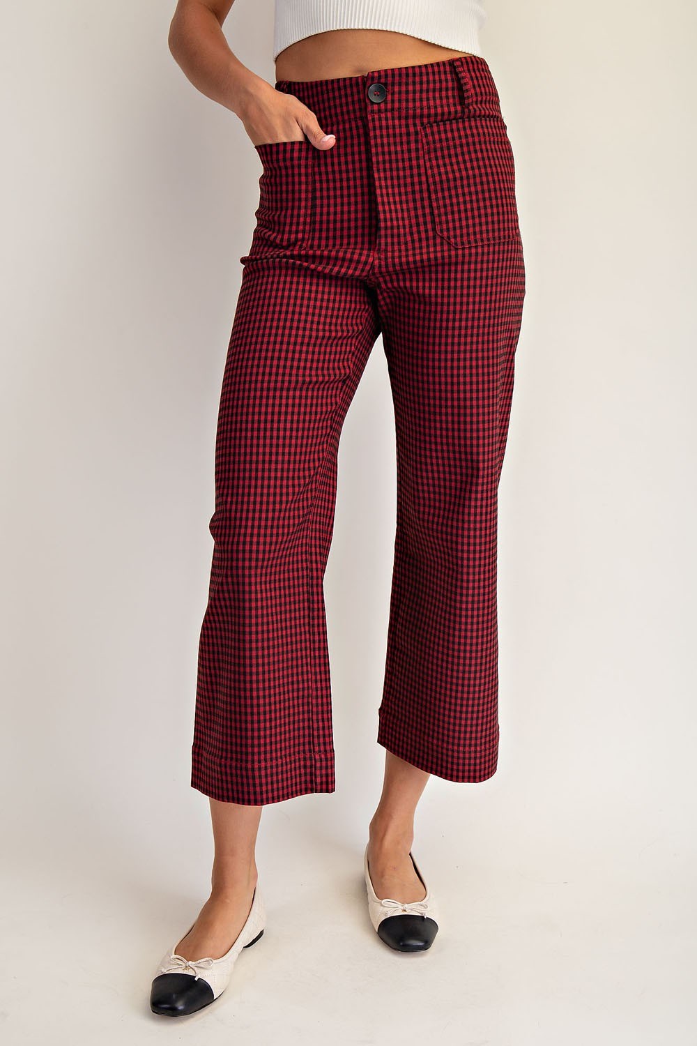 Gingham Straight Leg Cropped Pants in Cherry Red