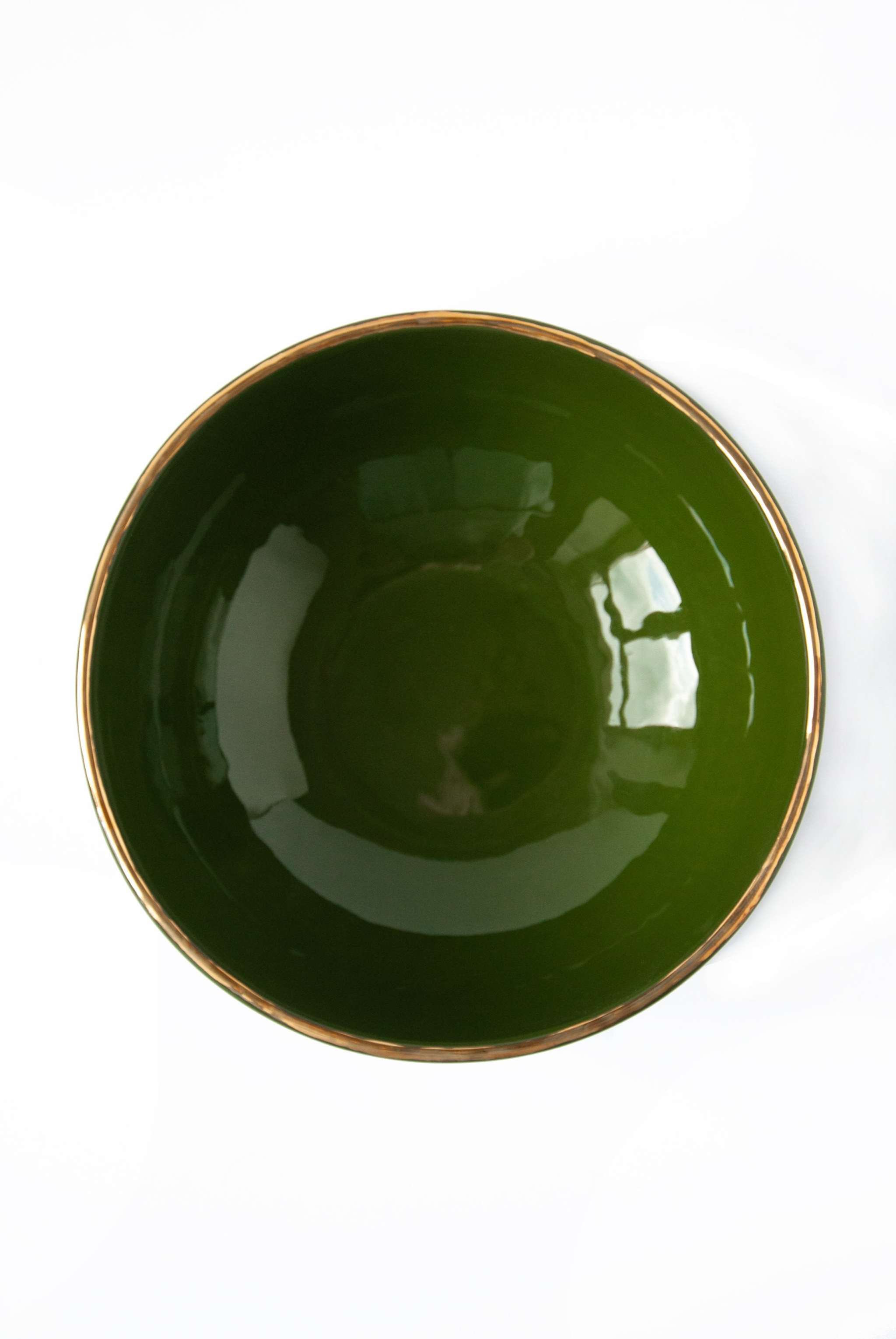 Handmade Porcelain Salad Bowl with Gold Rim. Green