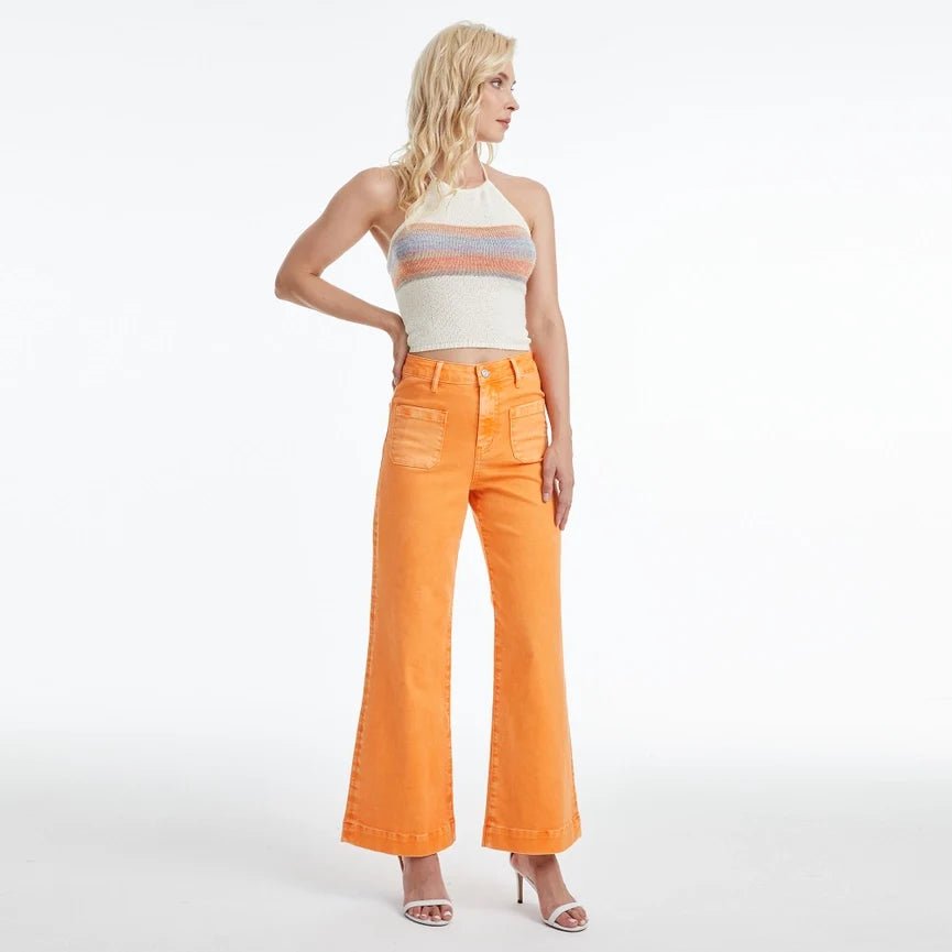 High Rise Wide Leg Twill Pants with Finished Hem TANGELO
