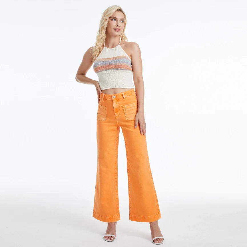 High Rise Wide Leg Twill Pants with Finished Hem TANGELO