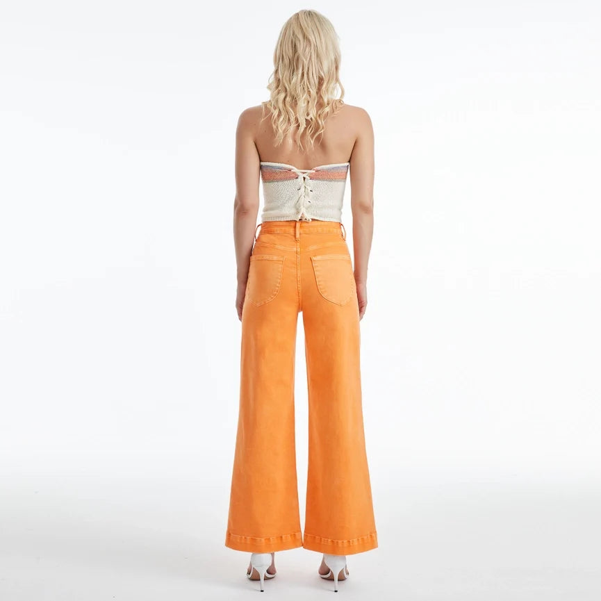 High Rise Wide Leg Twill Pants with Finished Hem TANGELO