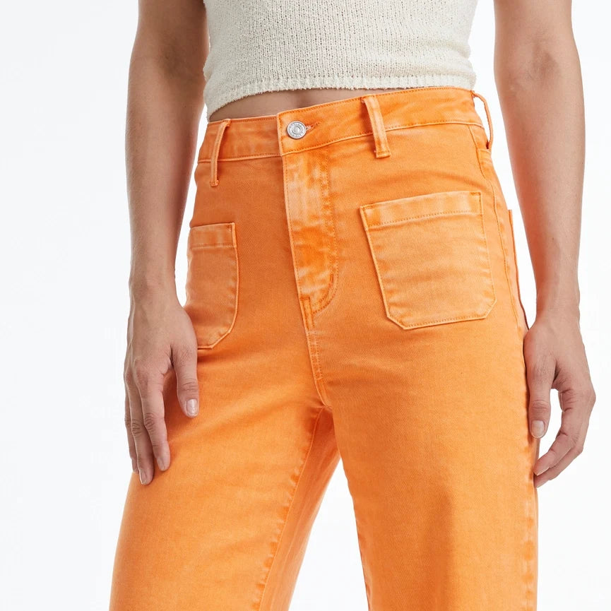 High Rise Wide Leg Twill Pants with Finished Hem TANGELO