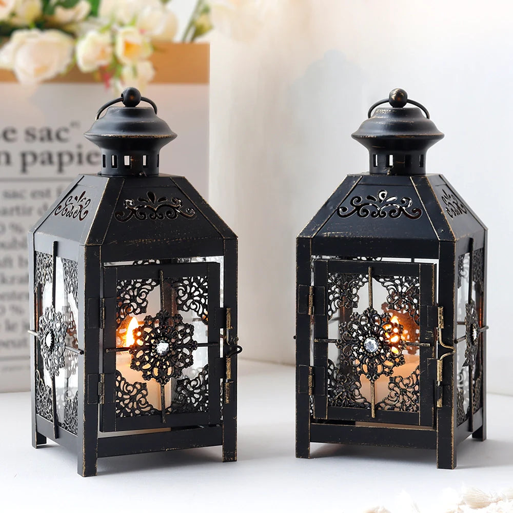 JHY DESIGN Set of 2  Decorative Candle Lantern 9.5" High Metal Candle Lantern