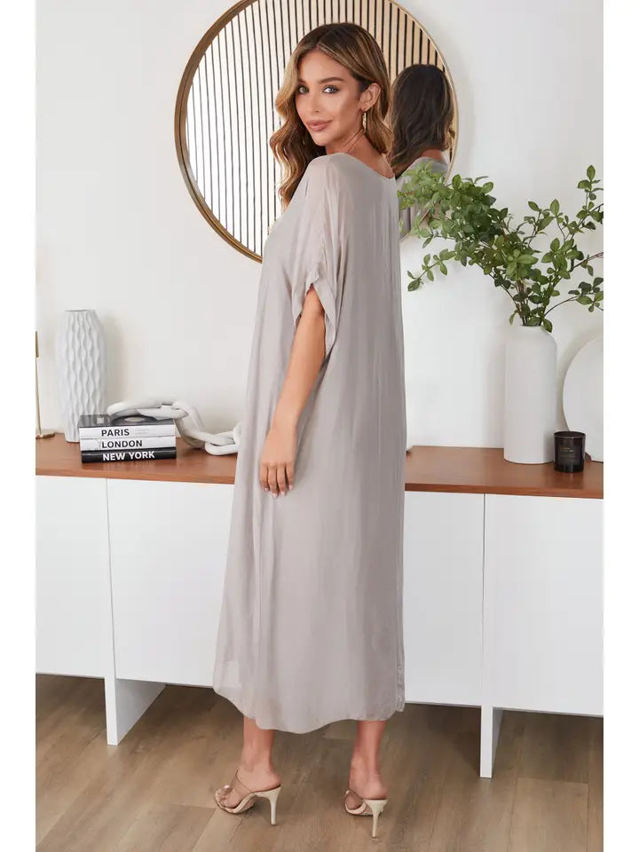 Kaftan Silk Dress Solid Mocha Women’s Elegant Midi Dress