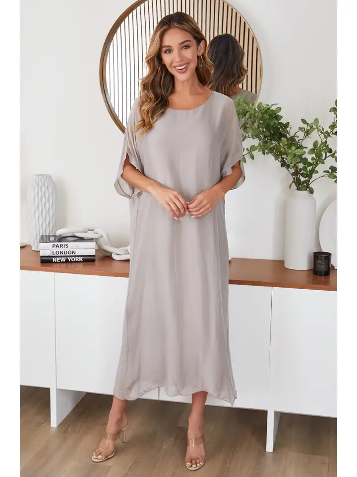 Kaftan Silk Dress Solid Mocha Women’s Elegant Midi Dress