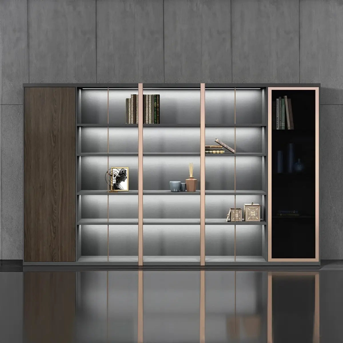 Keats · Office Library Shelves w/ Lighting, Suit Closet & Storage