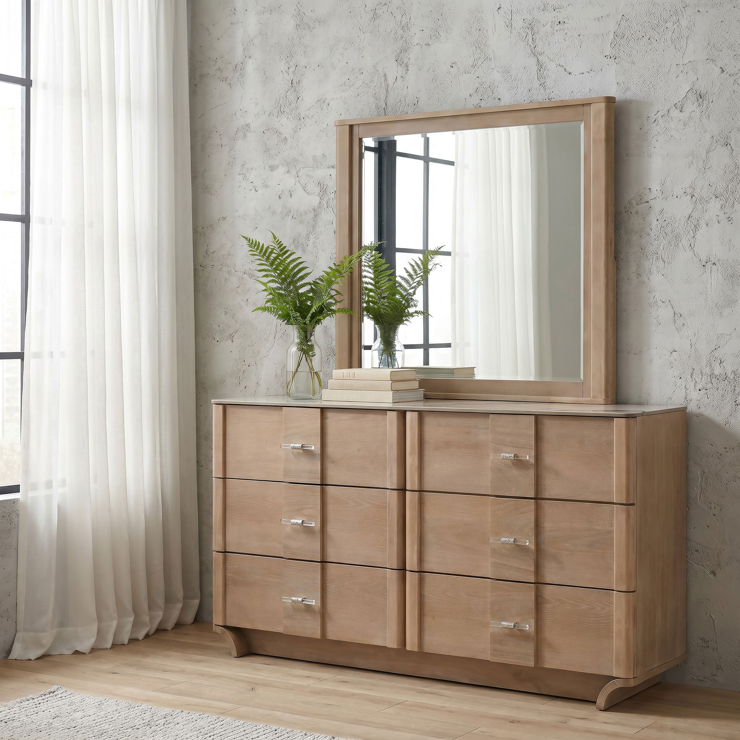 Leanne 6-drawer Sinter Stone Top Dresser and Mirror Light Oak