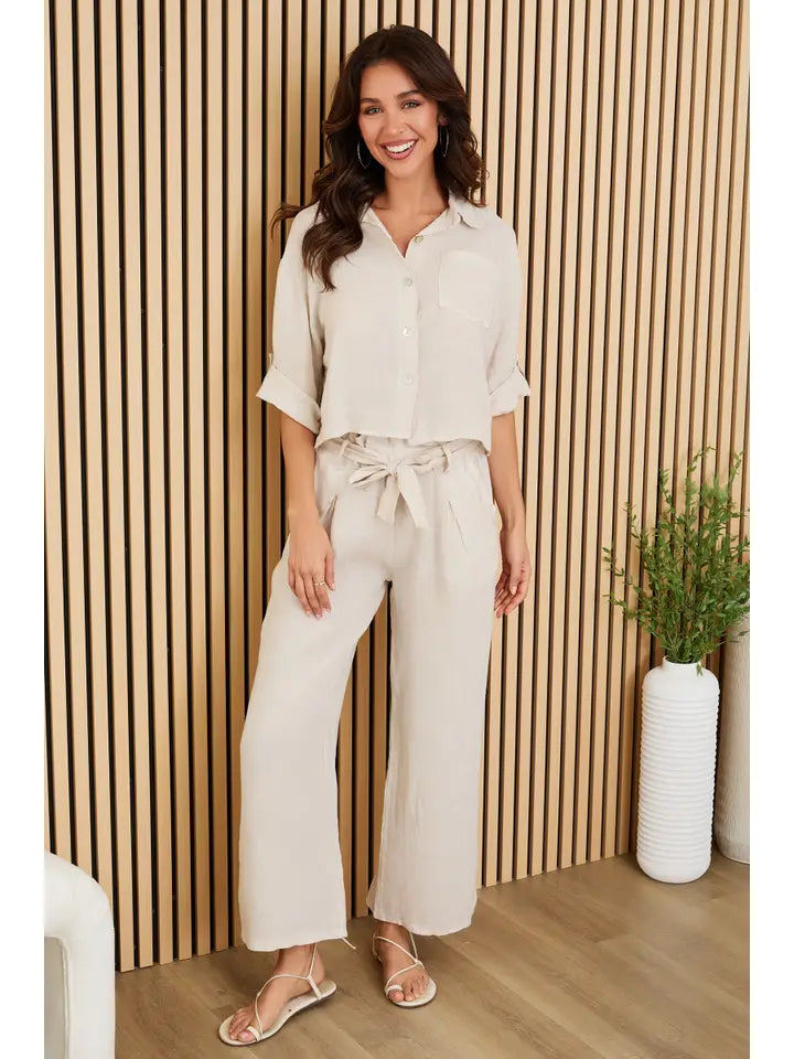 Linen Button Up Top with Front Pocket - Beige