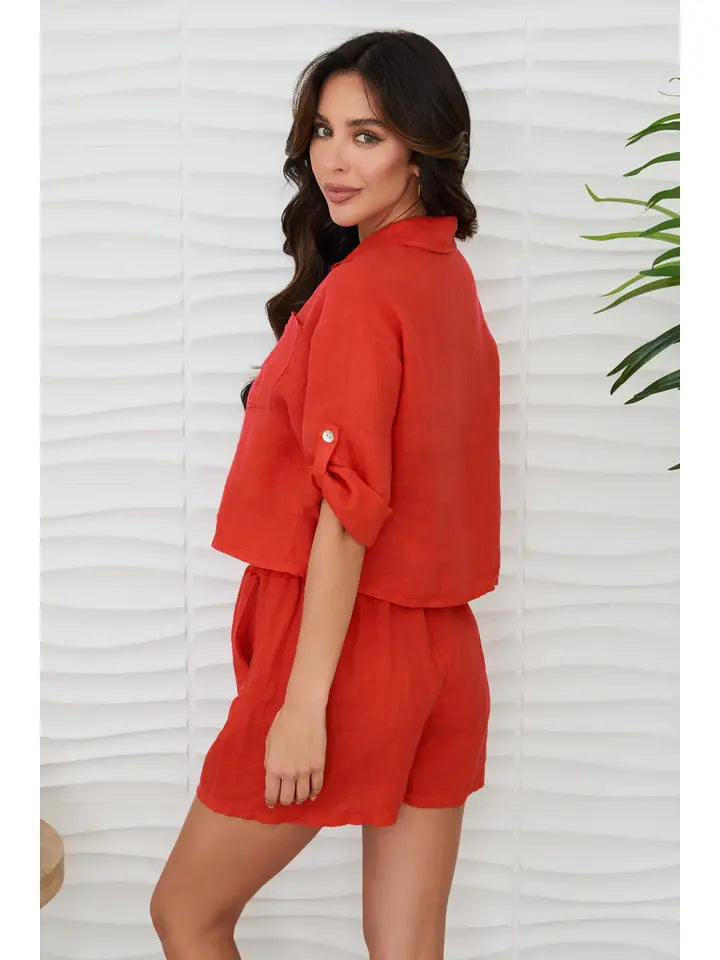 Linen Button Up Top with Front Pocket - Red Flame