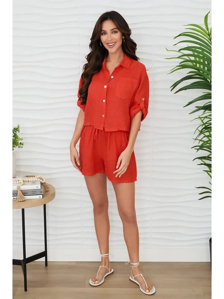 Linen Button Up Top with Front Pocket - Red Flame