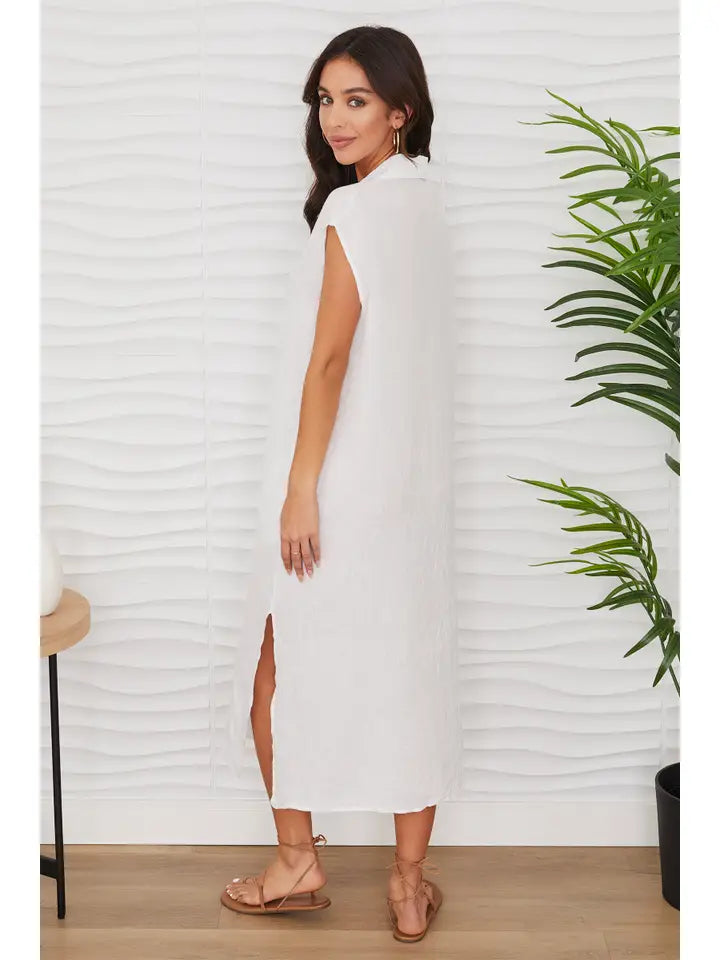 Long Crinkle Linen Sleeveless Dress - White