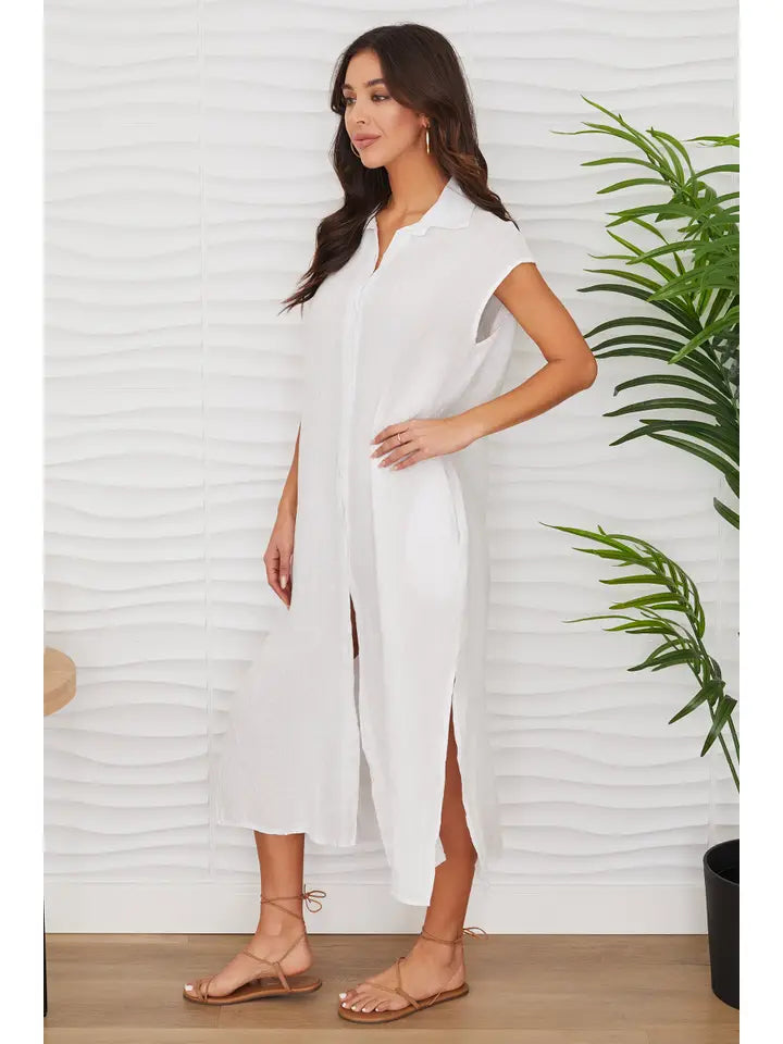 Long Crinkle Linen Sleeveless Dress - White