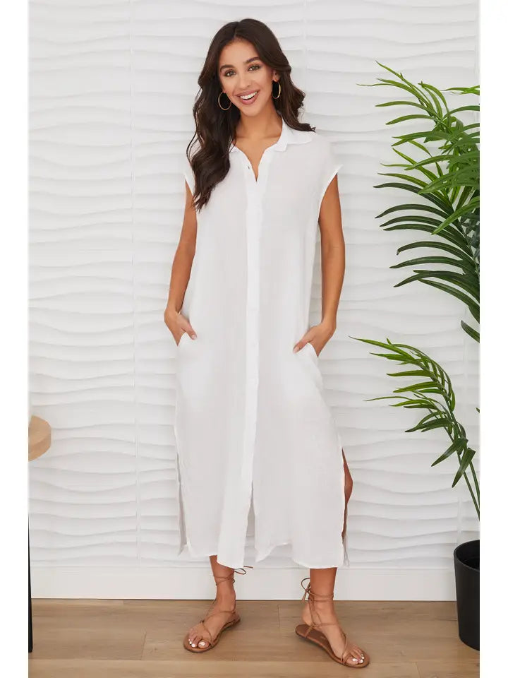 Long Crinkle Linen Sleeveless Dress - White