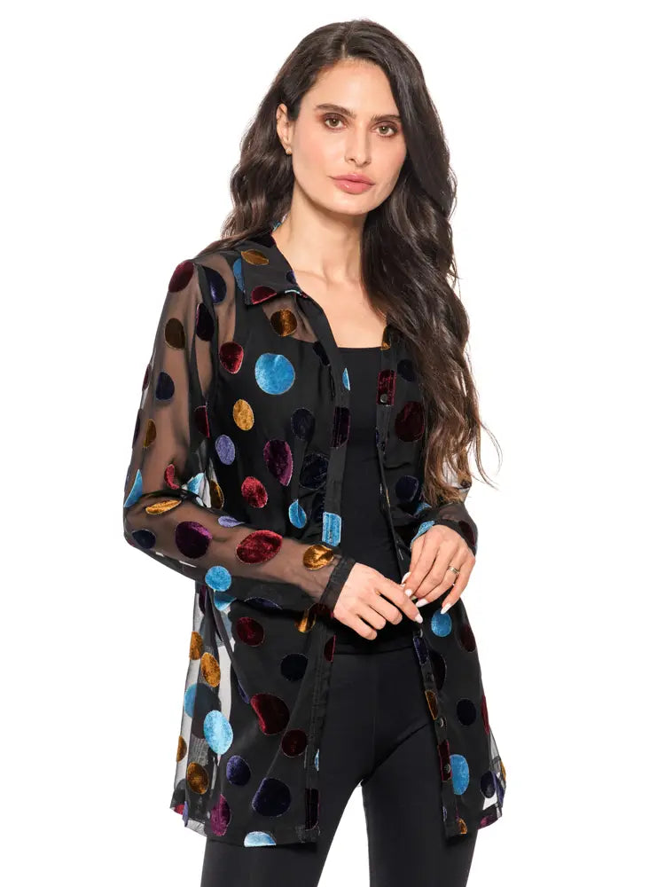 Longline Sheer Velvet Polka Dot Shirt