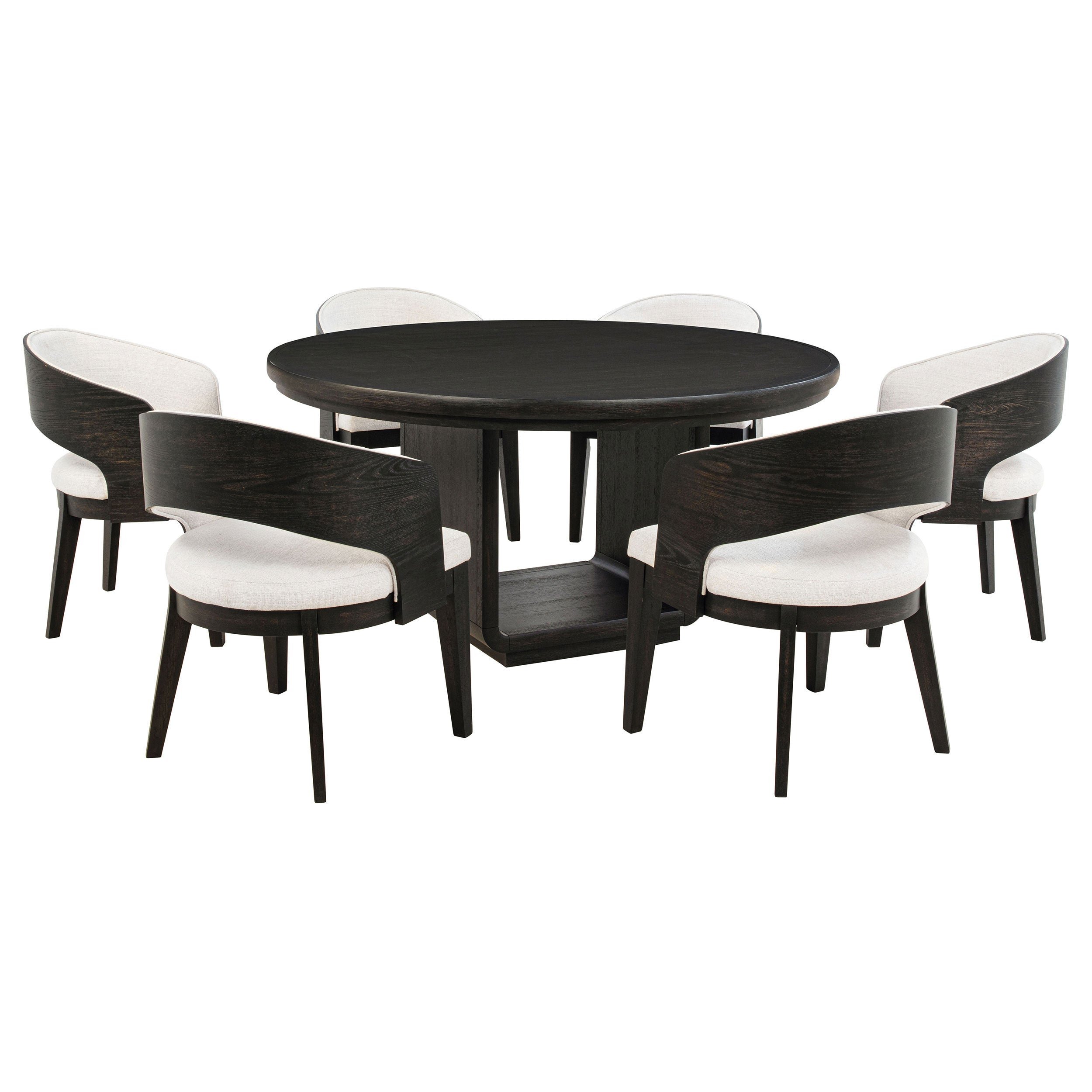 Luna 7-Piece Round Dining Set – Burnished Black Pedestal Table with Cream Upholstered Arm Chairs