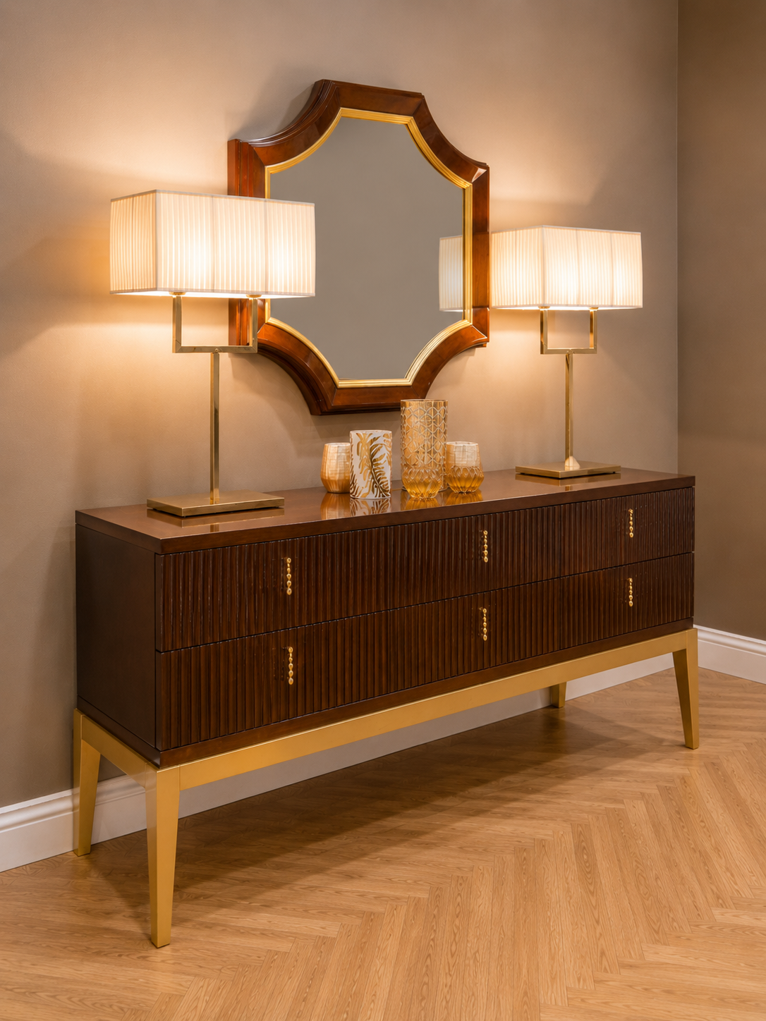 Luxurious Wooden Cabinet with Modern Lamps & Elegant Mirror