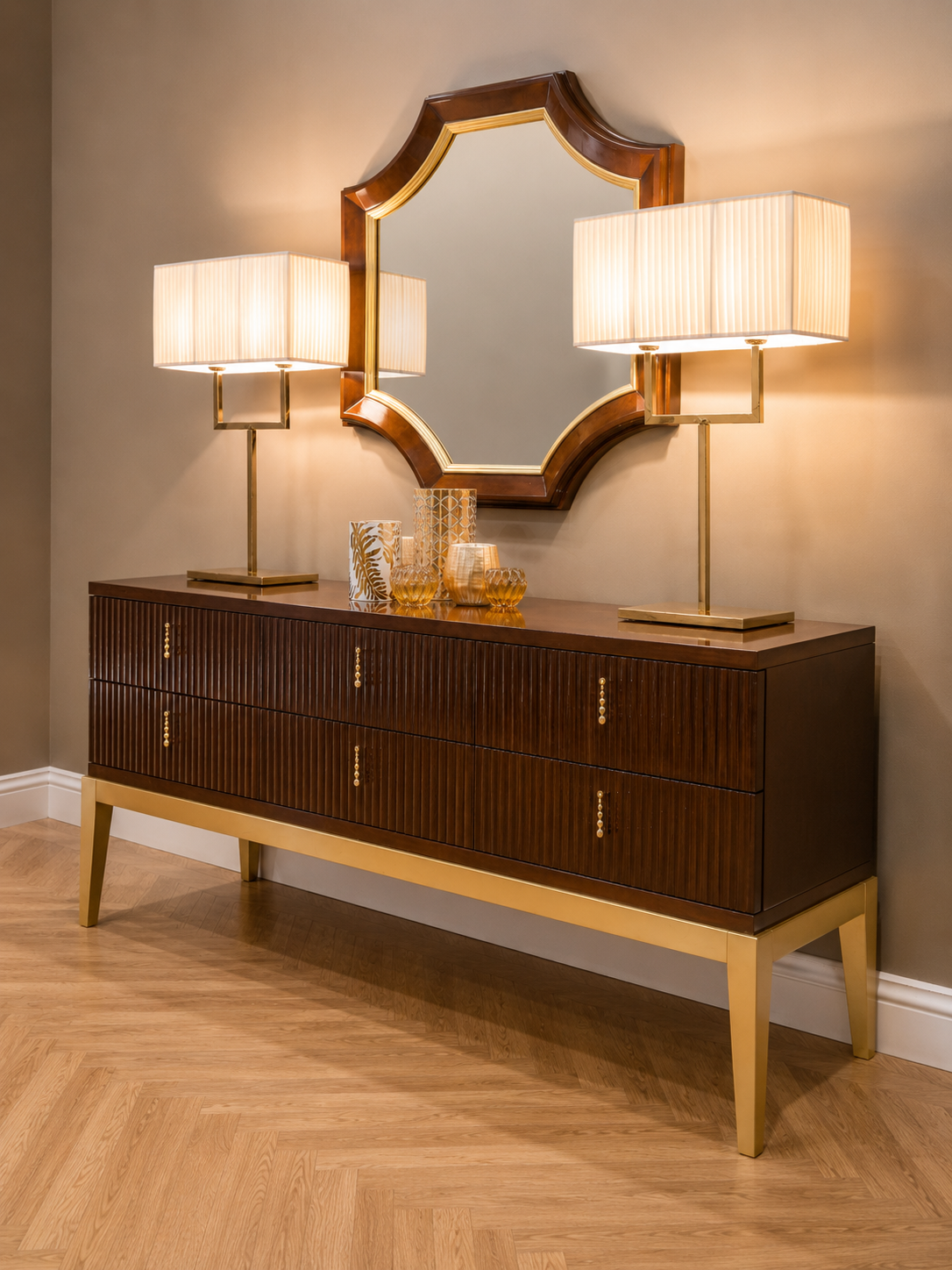 Luxurious Wooden Cabinet with Modern Lamps & Elegant Mirror