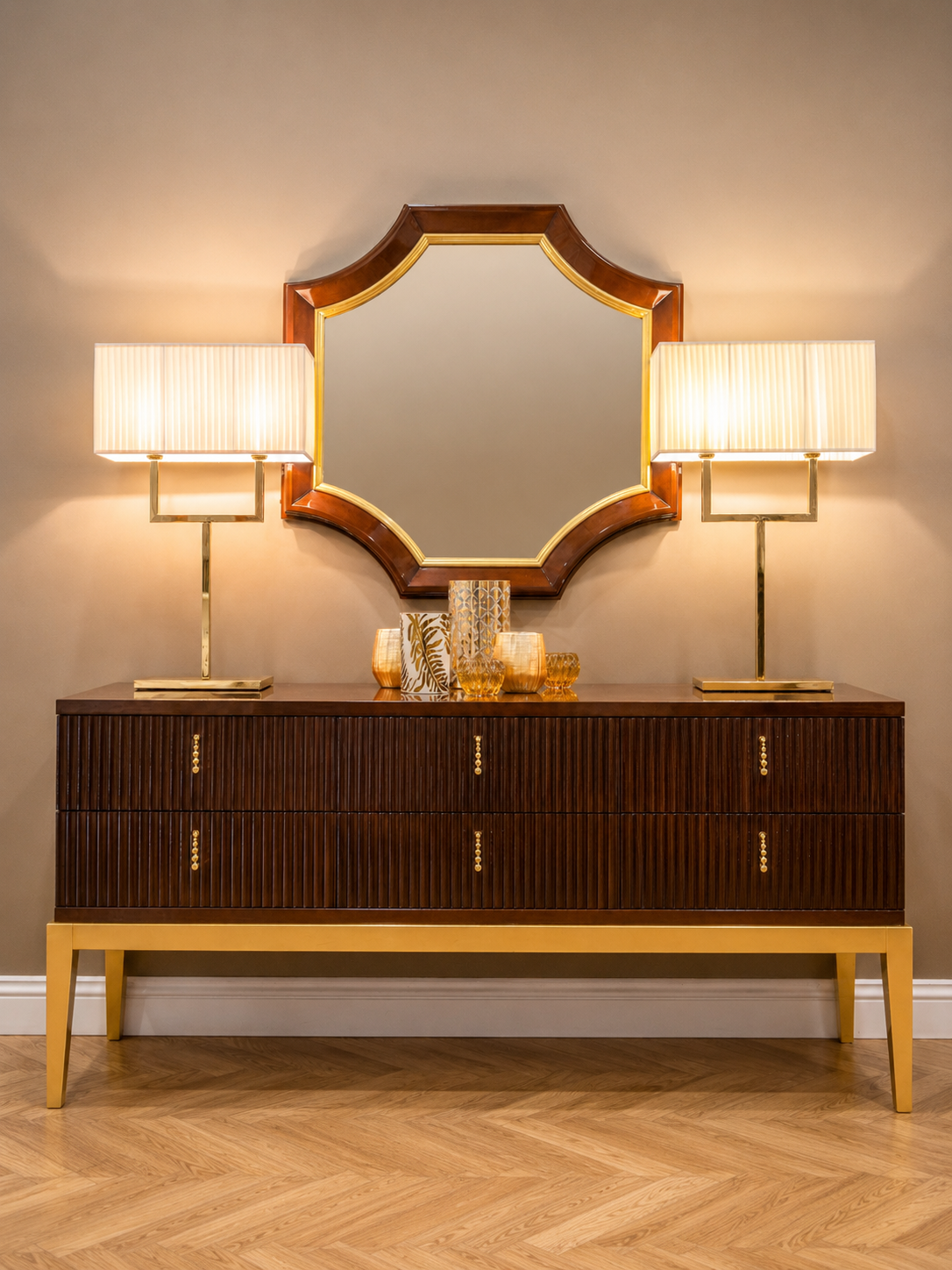 Luxurious Wooden Cabinet with Modern Lamps & Elegant Mirror