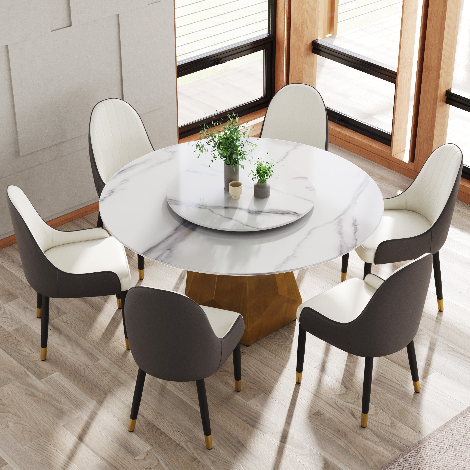 Luxury Round Marble Dining Table Set with Rotating Turntable & 6 Chairs