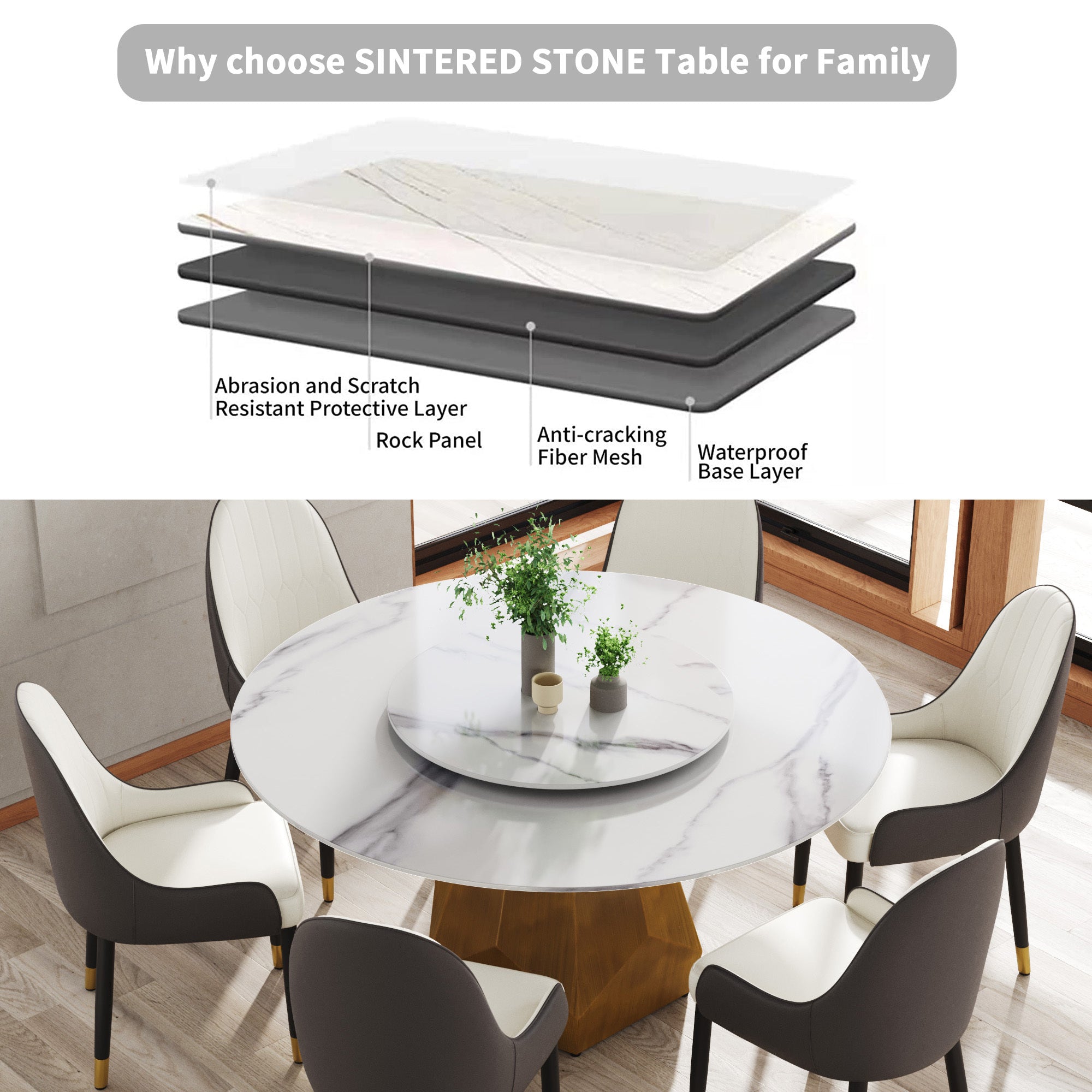 Luxury Round Marble Dining Table Set with Rotating Turntable & 6 Chairs