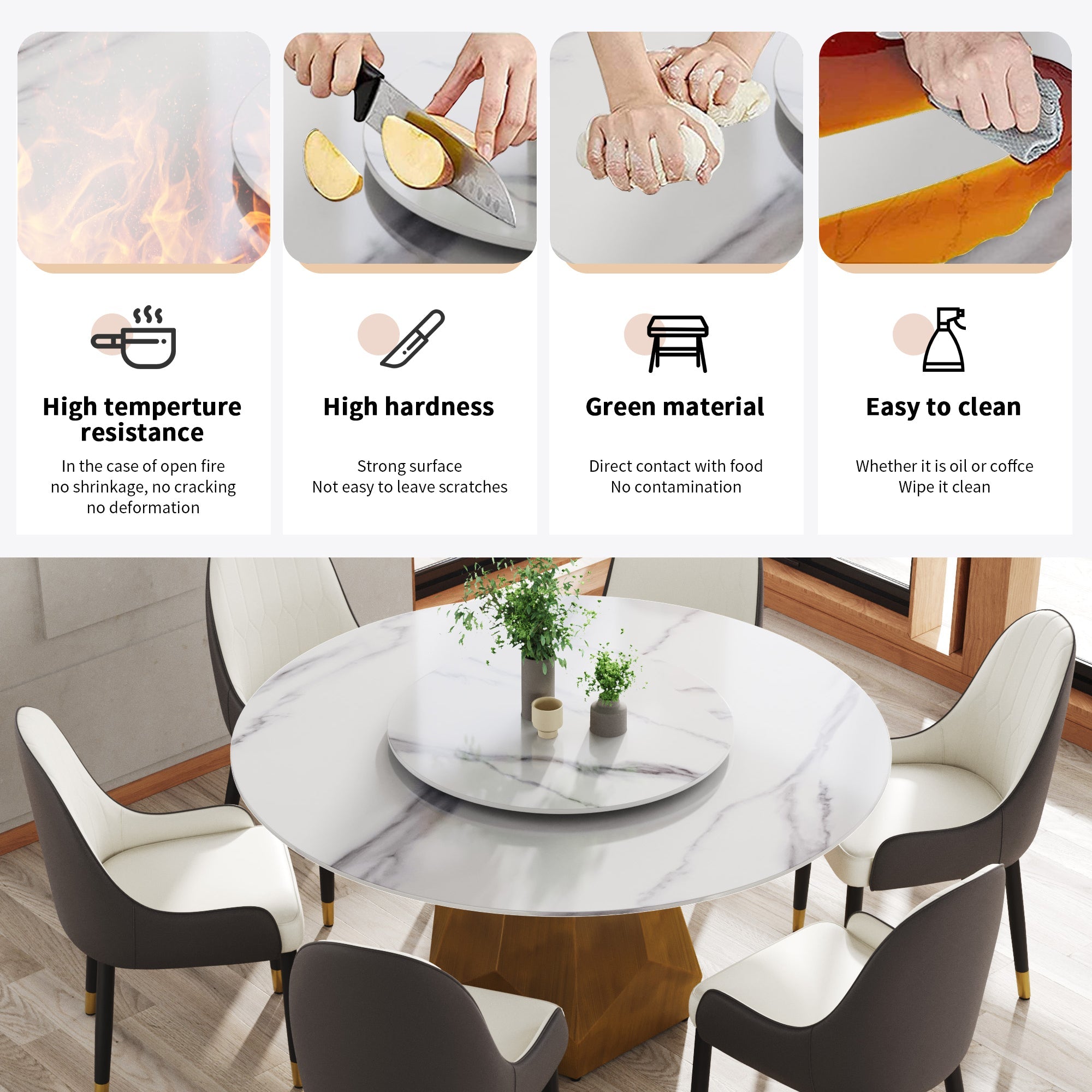 Luxury Round Marble Dining Table Set with Rotating Turntable & 6 Chairs