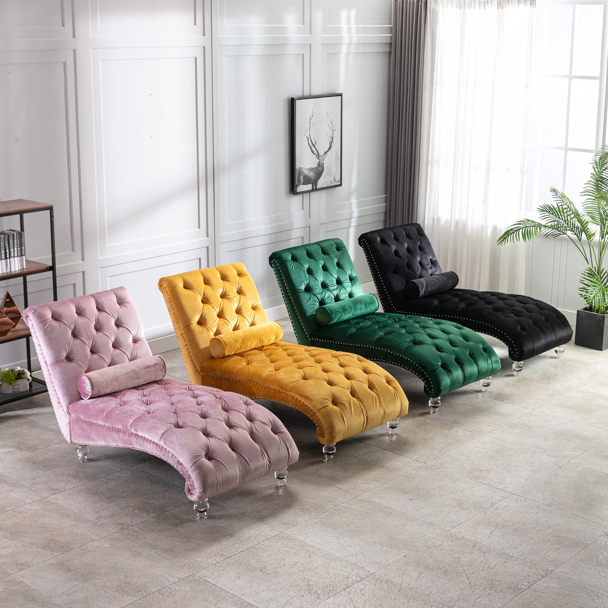 Luxury Tufted Black Velvet Lounge Chair Matching Accent Pillow
