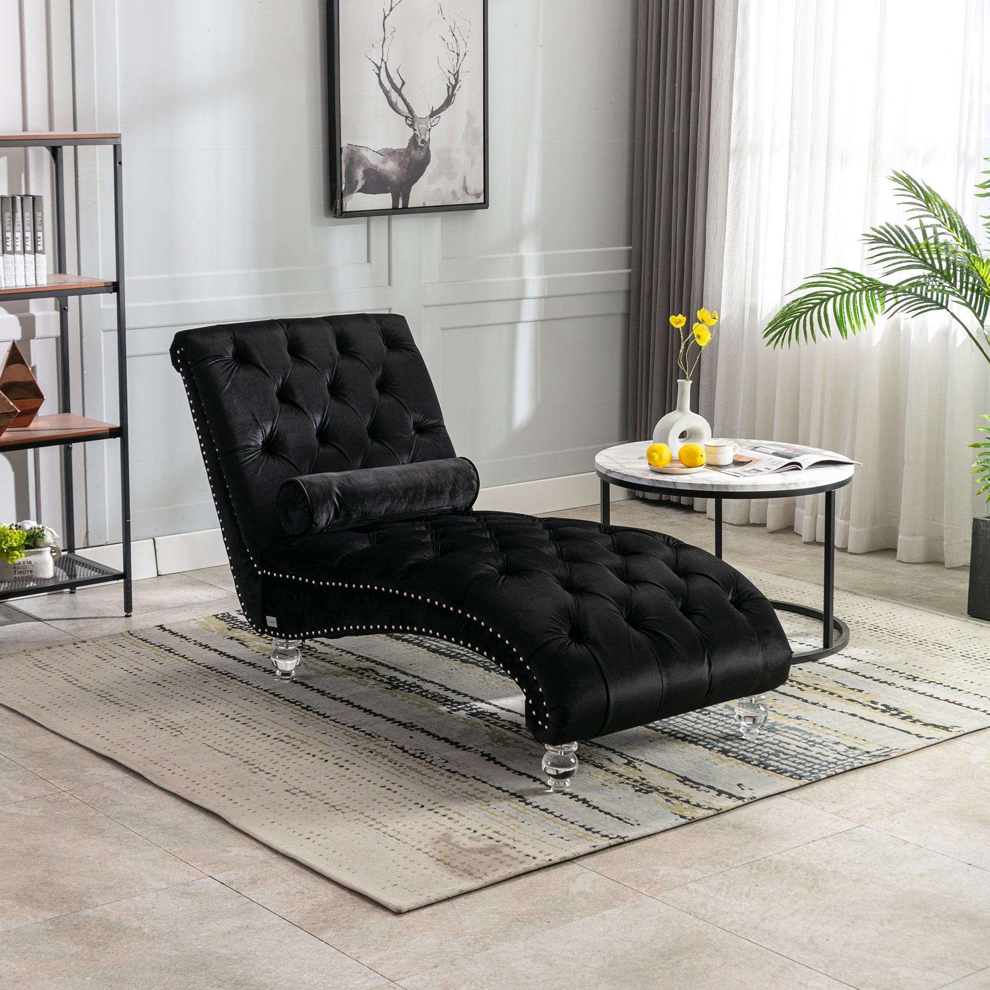 Luxury Tufted Black Velvet Lounge Chair Matching Accent Pillow