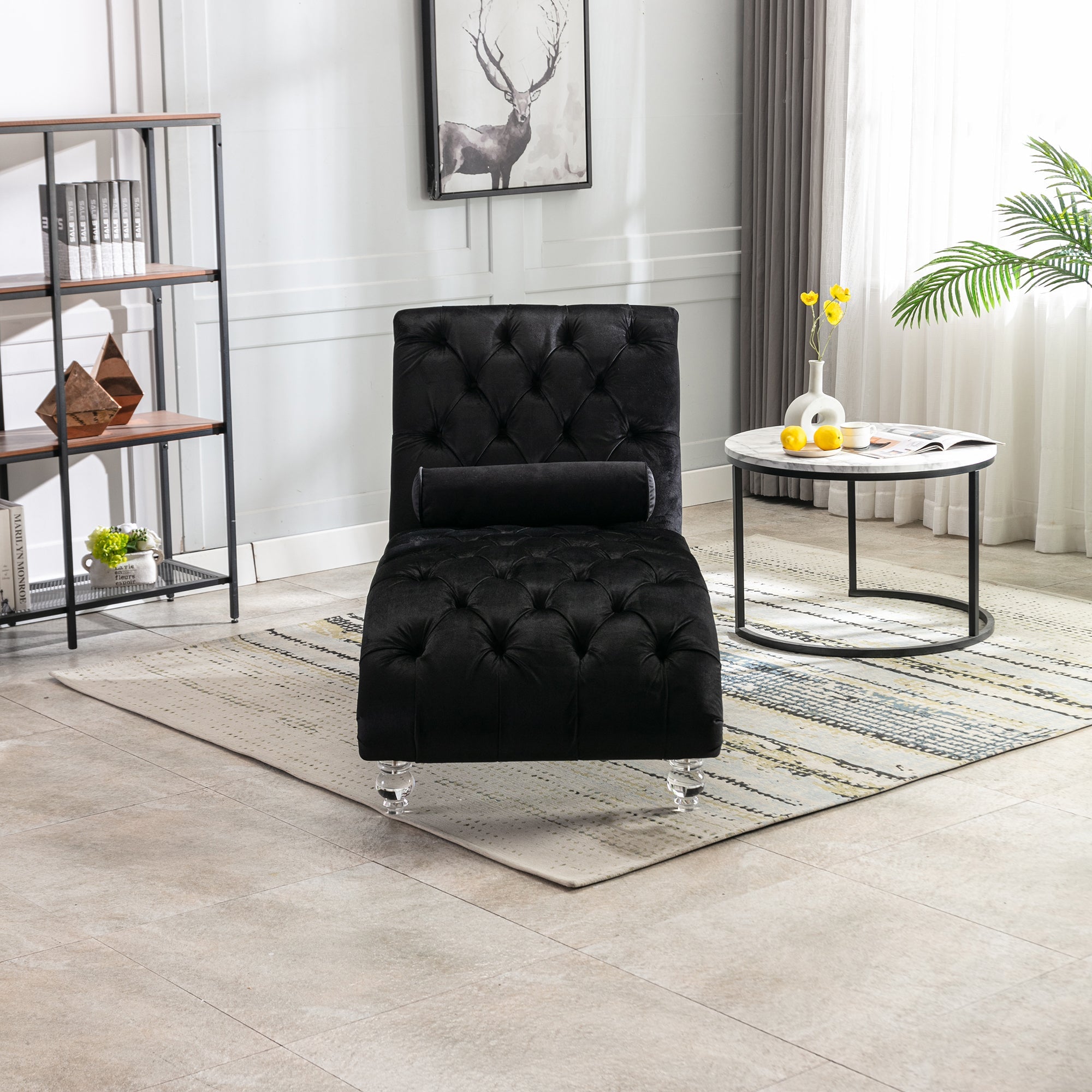 Luxury Tufted Black Velvet Lounge Chair Matching Accent Pillow