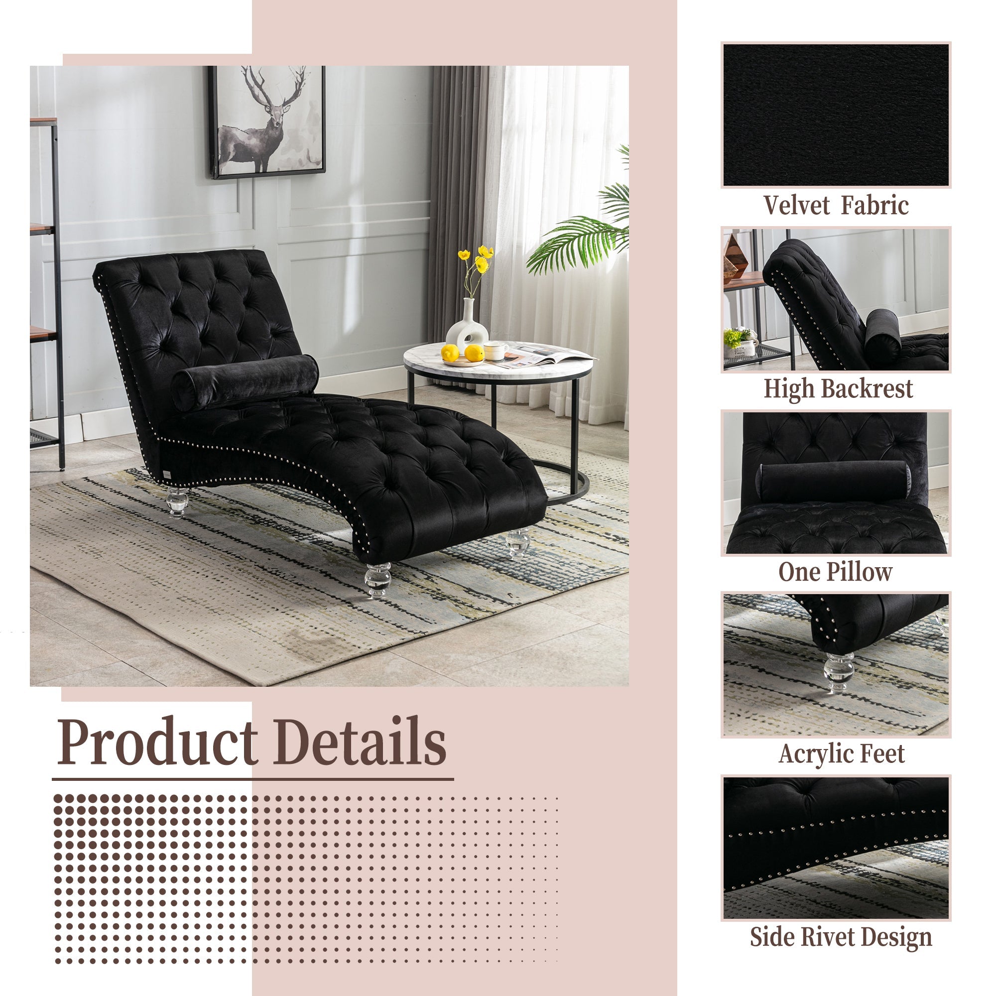 Luxury Tufted Black Velvet Lounge Chair Matching Accent Pillow