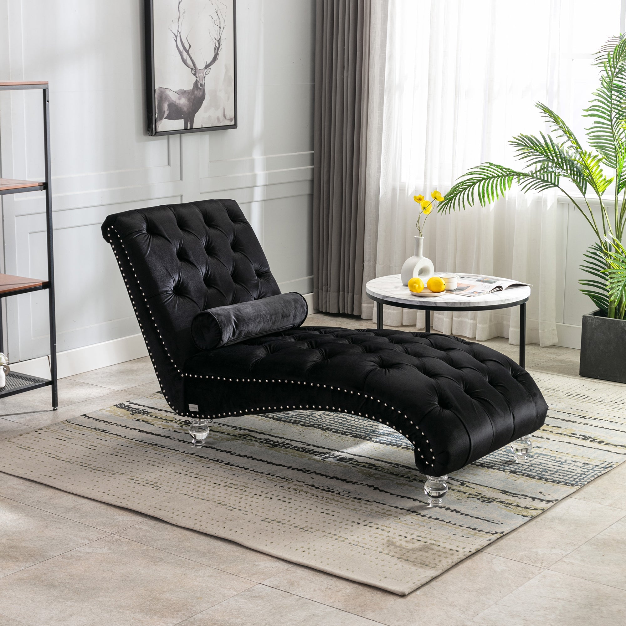 Luxury Tufted Black Velvet Lounge Chair Matching Accent Pillow