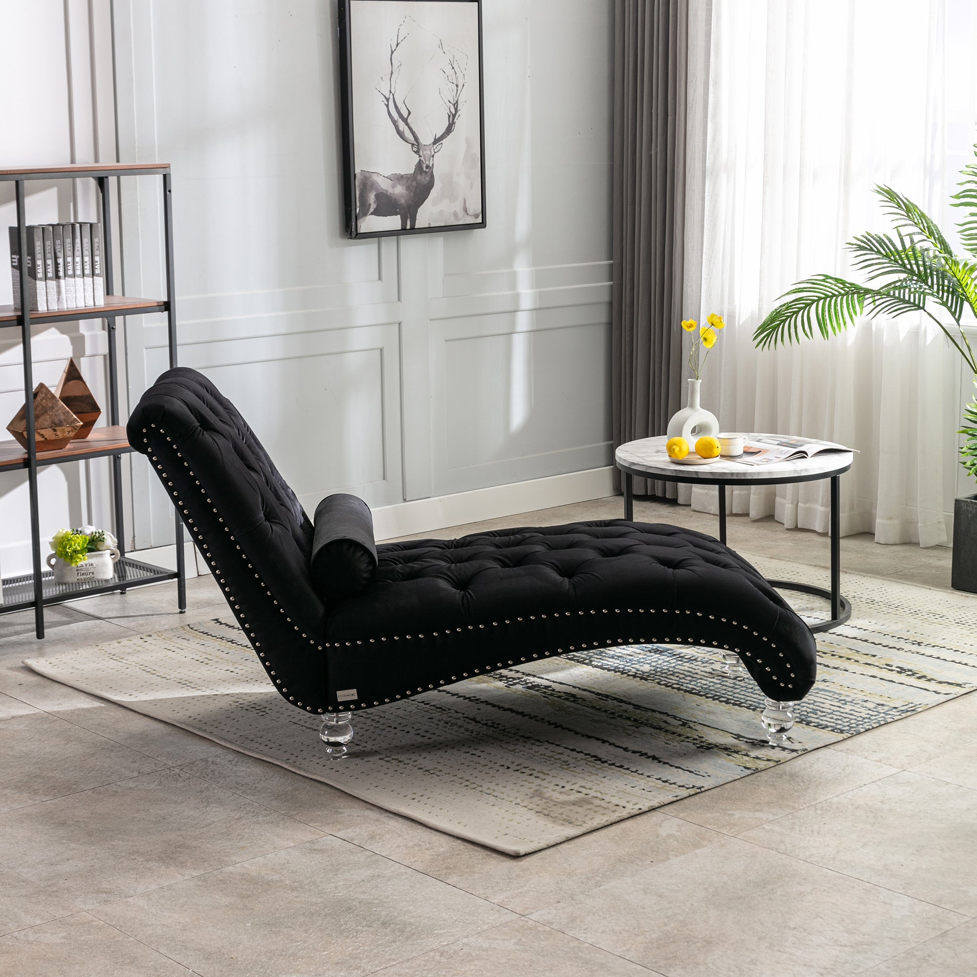 Luxury Tufted Black Velvet Lounge Chair Matching Accent Pillow