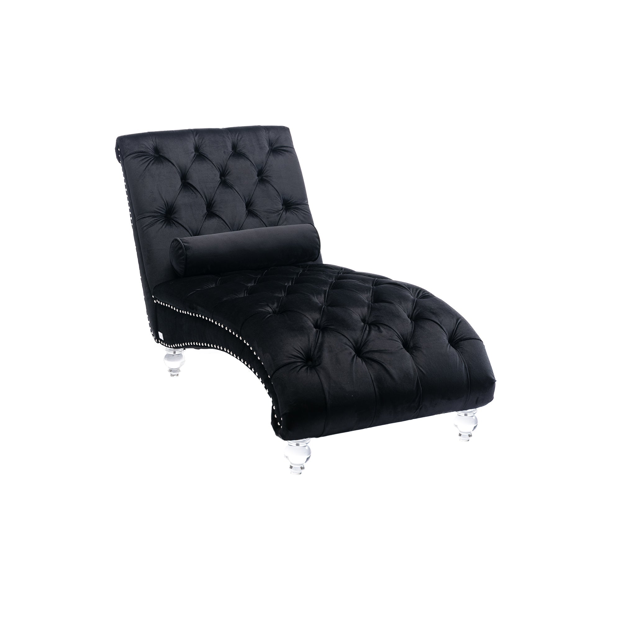 Luxury Tufted Black Velvet Lounge Chair Matching Accent Pillow