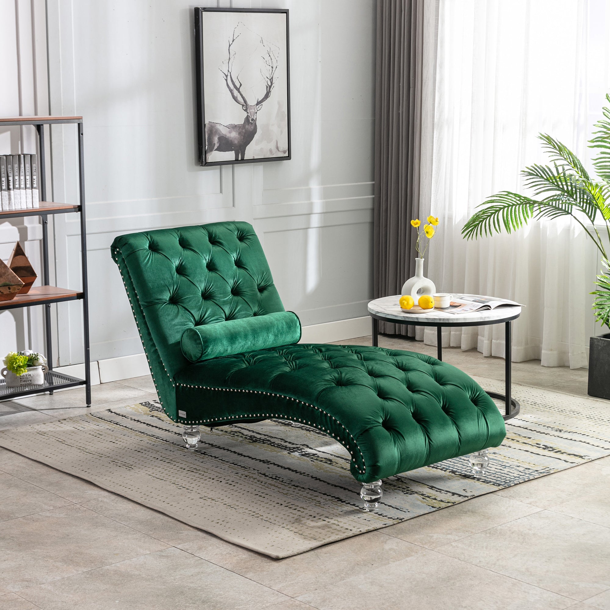 Luxury Tufted Emerald Velvet Lounge Chair Matching Accent Pillow