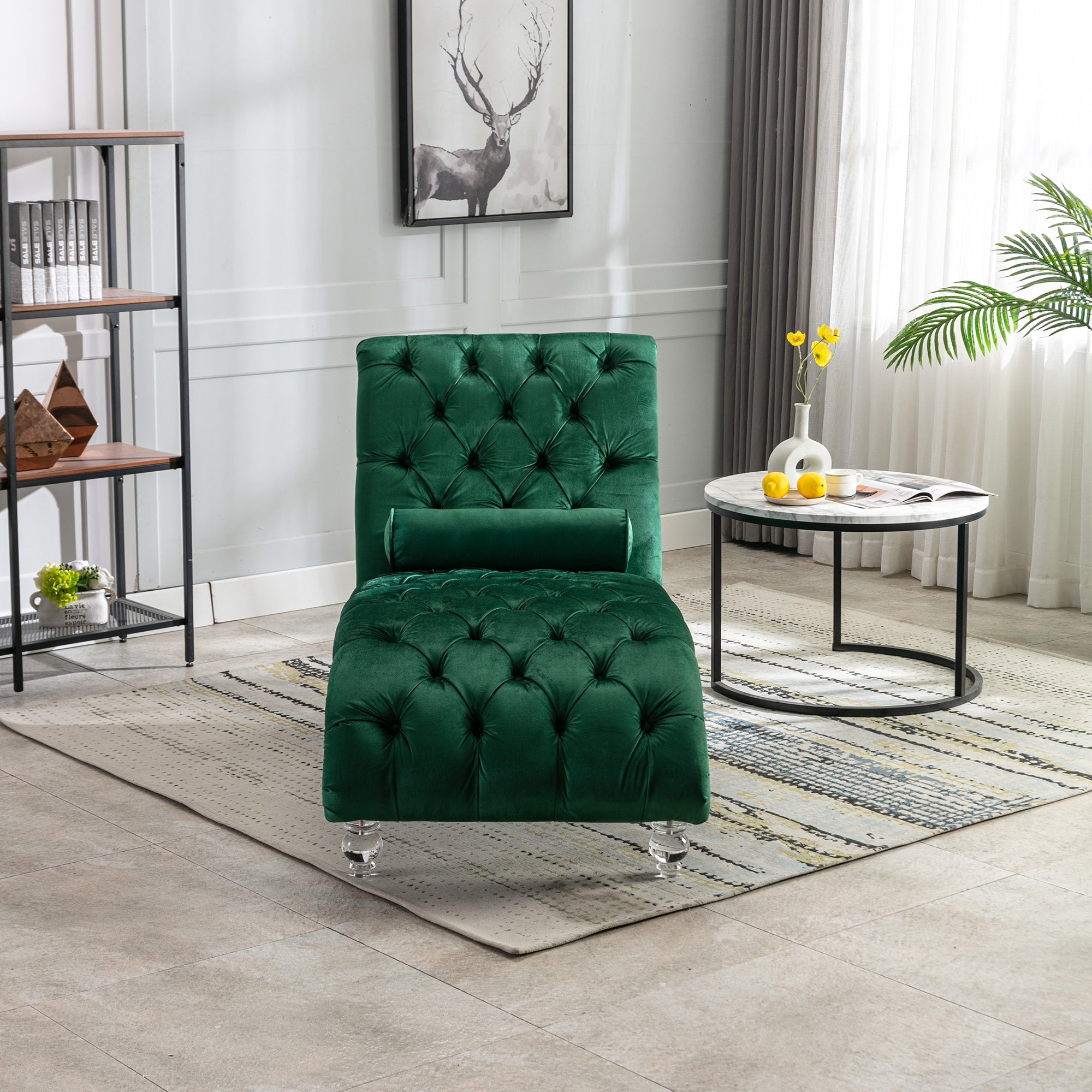 Luxury Tufted Emerald Velvet Lounge Chair Matching Accent Pillow