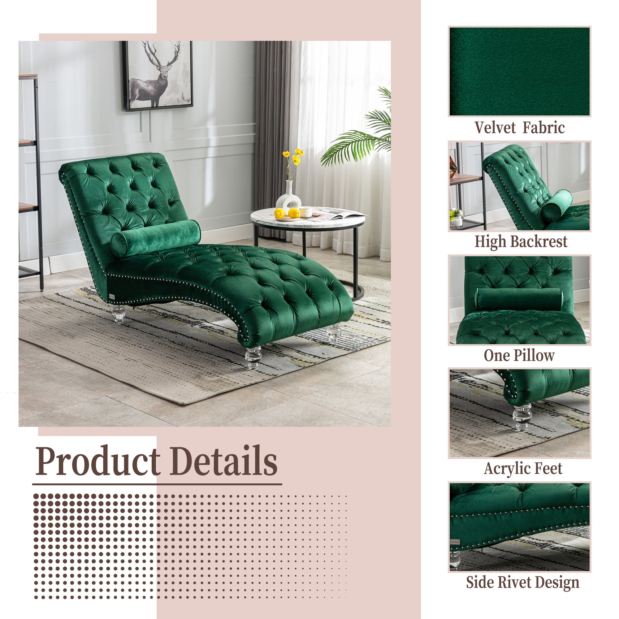 Luxury Tufted Emerald Velvet Lounge Chair Matching Accent Pillow
