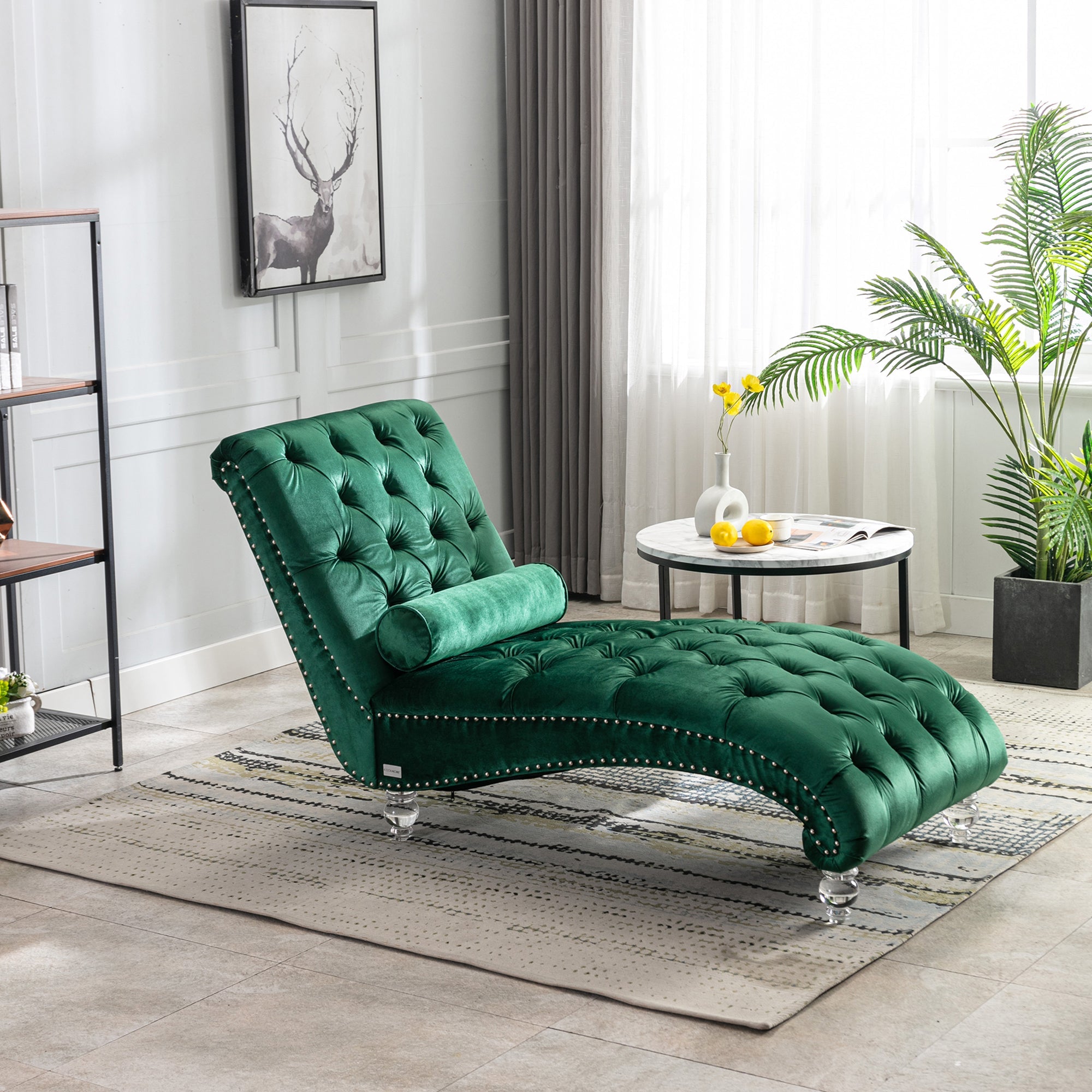 Luxury Tufted Emerald Velvet Lounge Chair Matching Accent Pillow