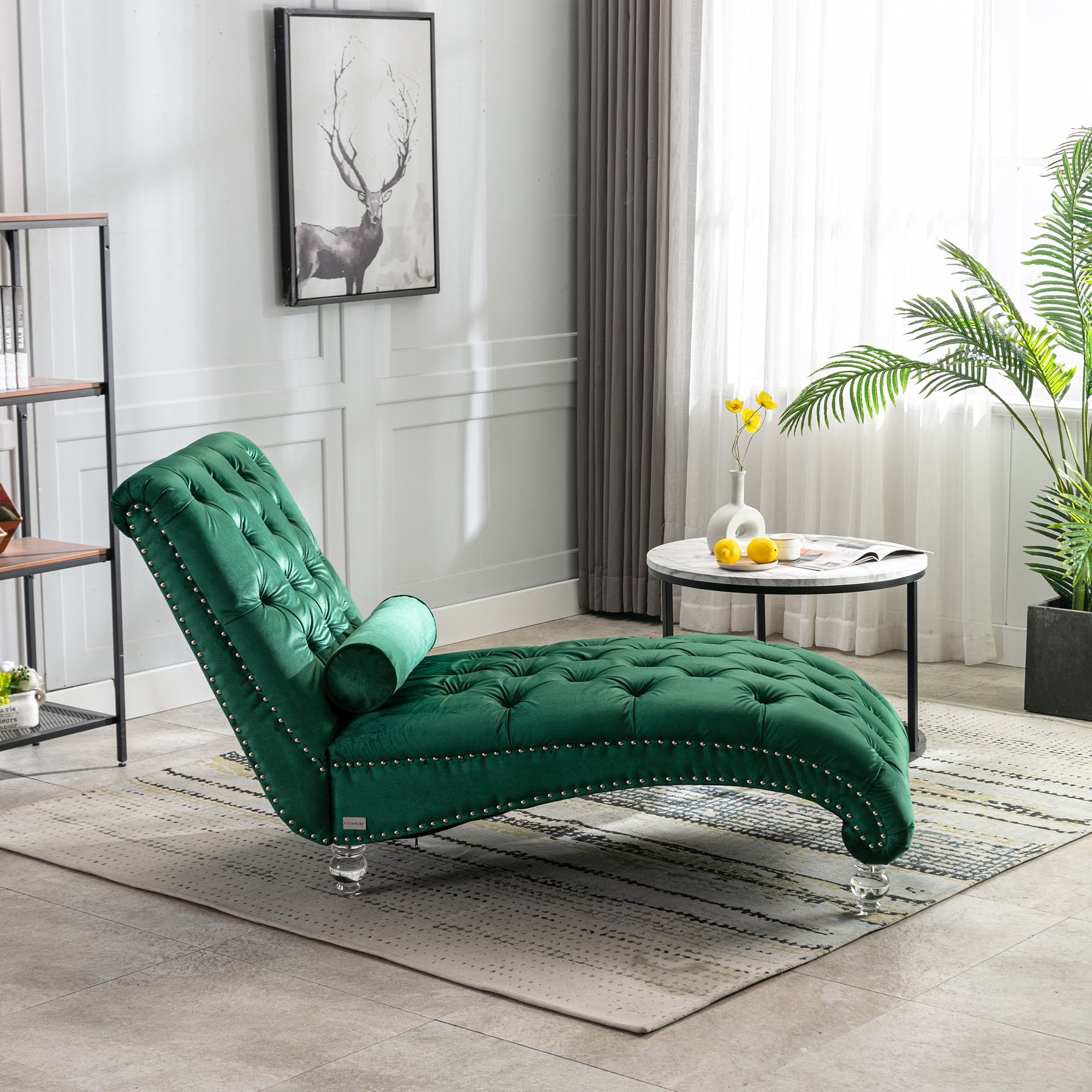 Luxury Tufted Emerald Velvet Lounge Chair Matching Accent Pillow