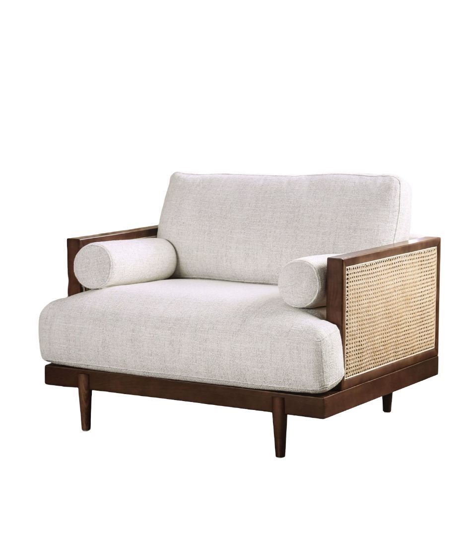 Mid-Century Modern Beige Accent Chair with Rattan Details & Ash Wood Trim
