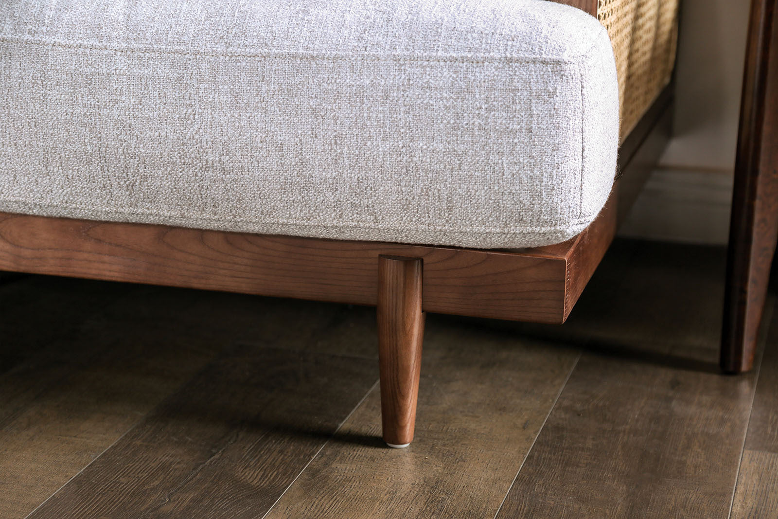 Mid-Century Modern Beige Accent Chair with Rattan Details & Ash Wood Trim