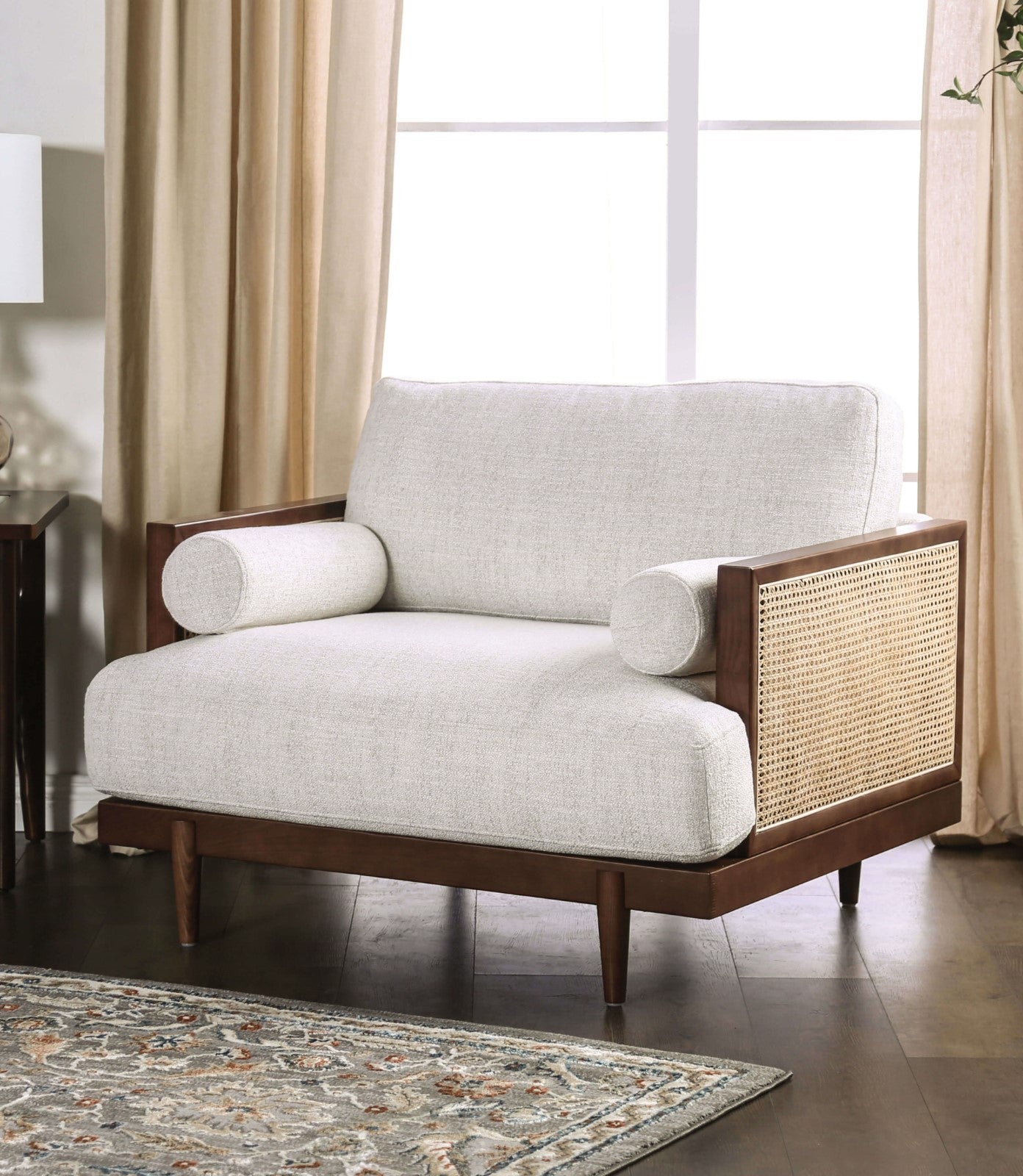 Mid-Century Modern Beige Accent Chair with Rattan Details & Ash Wood Trim